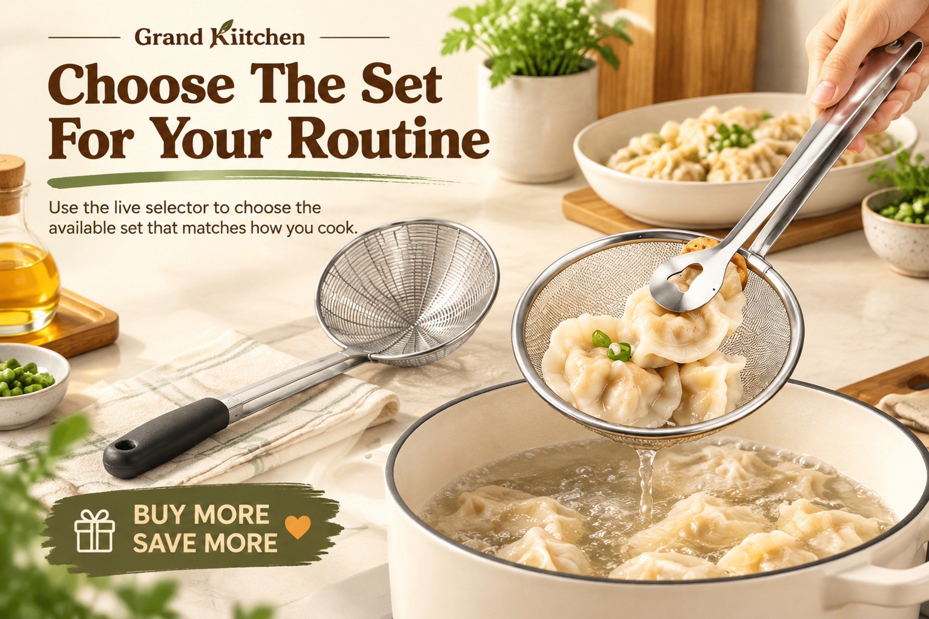 Stainless-steel strainer tongs lifting dumplings in a mesh basket above a pot on a home kitchen stove