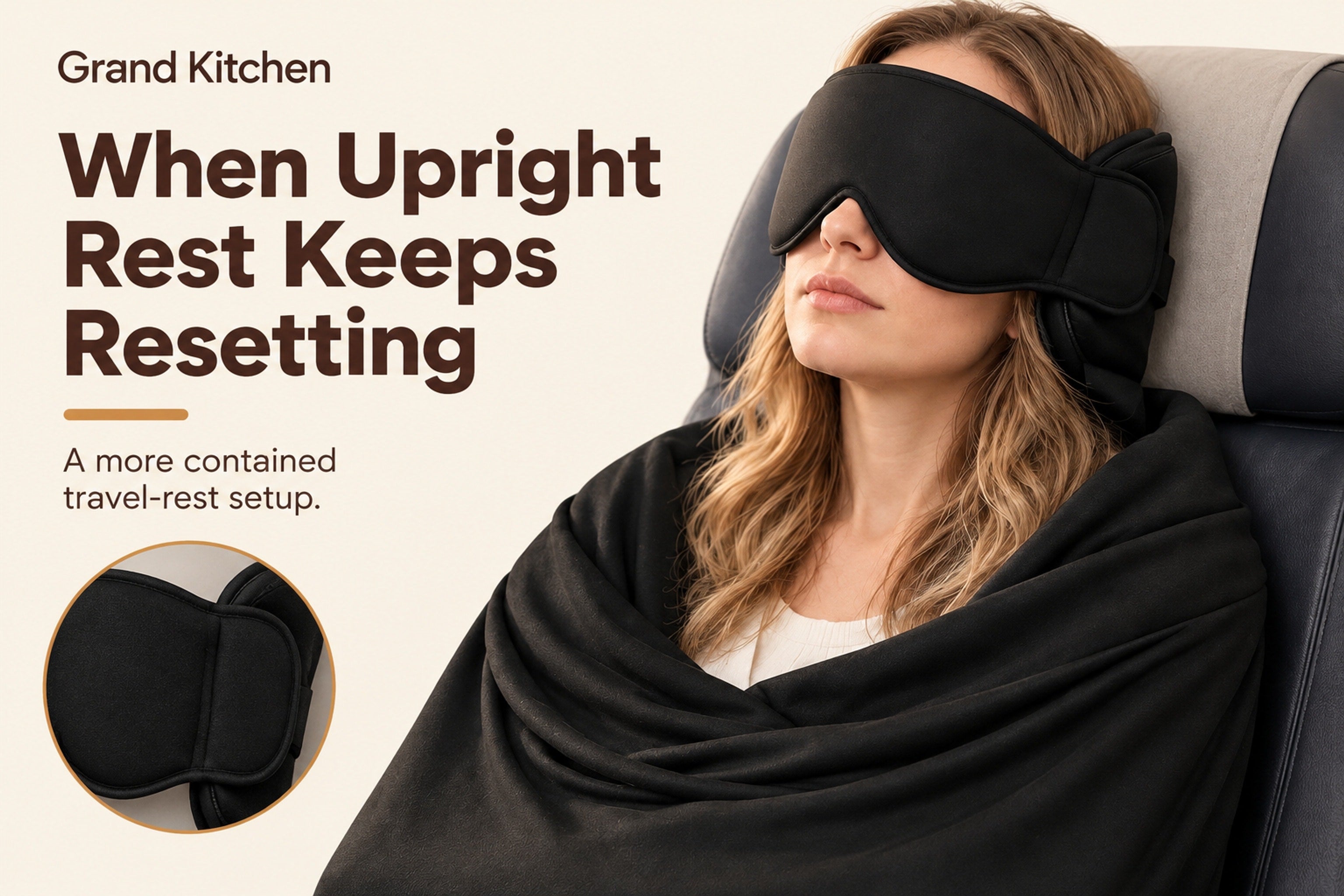 Close view of the black shaped eye cover and padded-looking side cushion on the Grand Kitchen travel sleep support