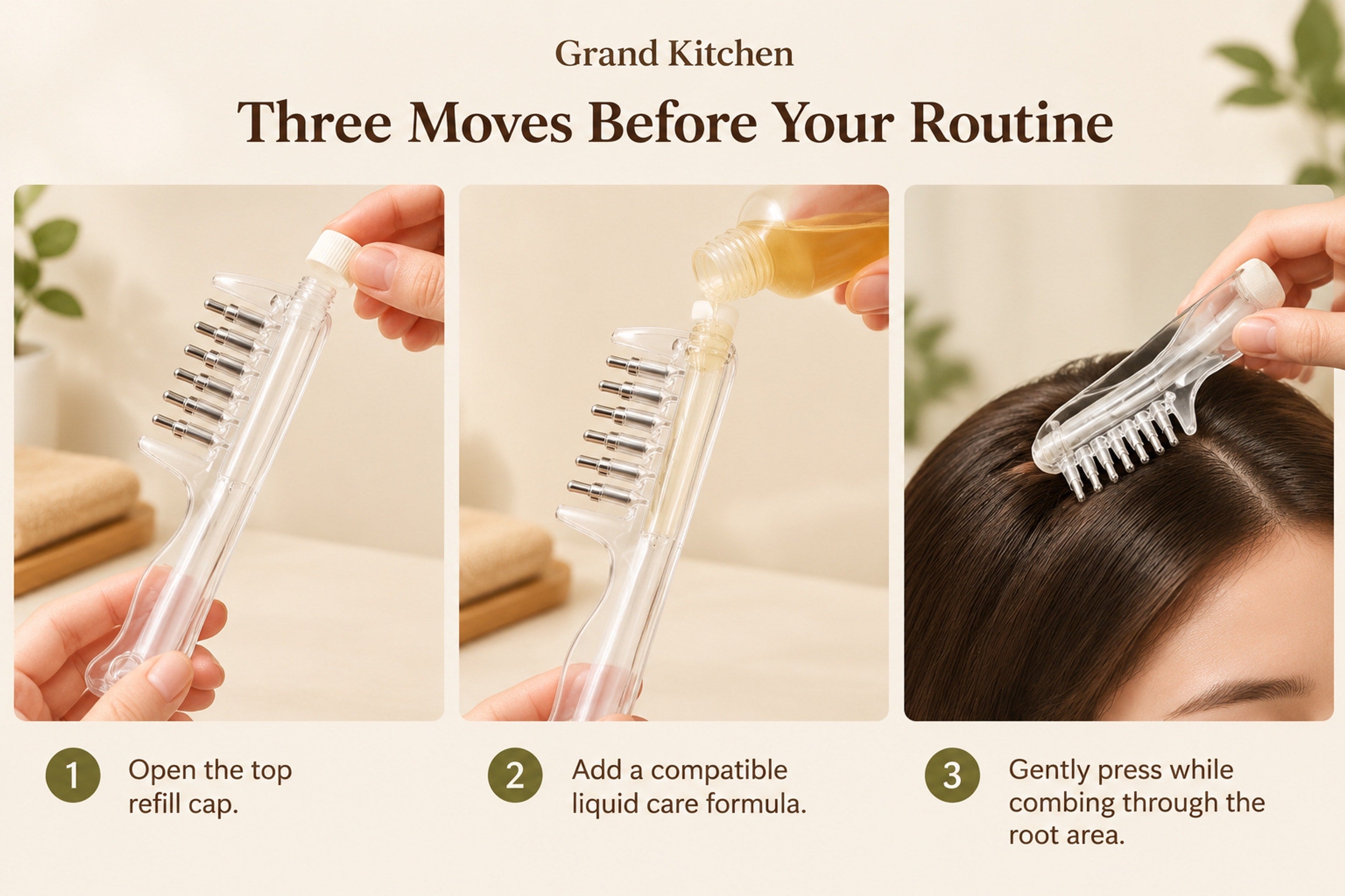 Close view of the clear applicator comb reservoir, rolling massage tips, and protective cover