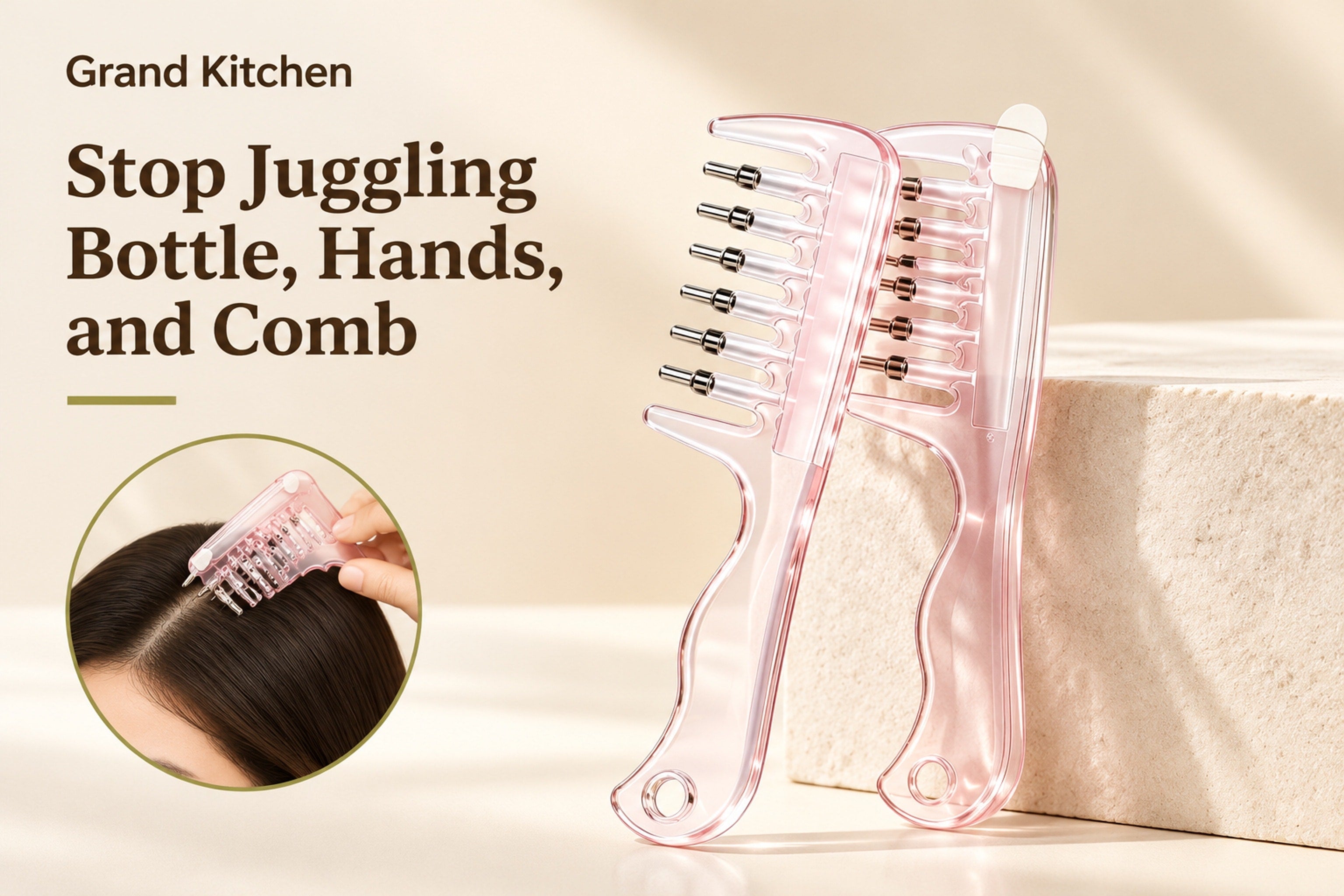 Close-up of the clear applicator comb reservoir and six metal massage tips