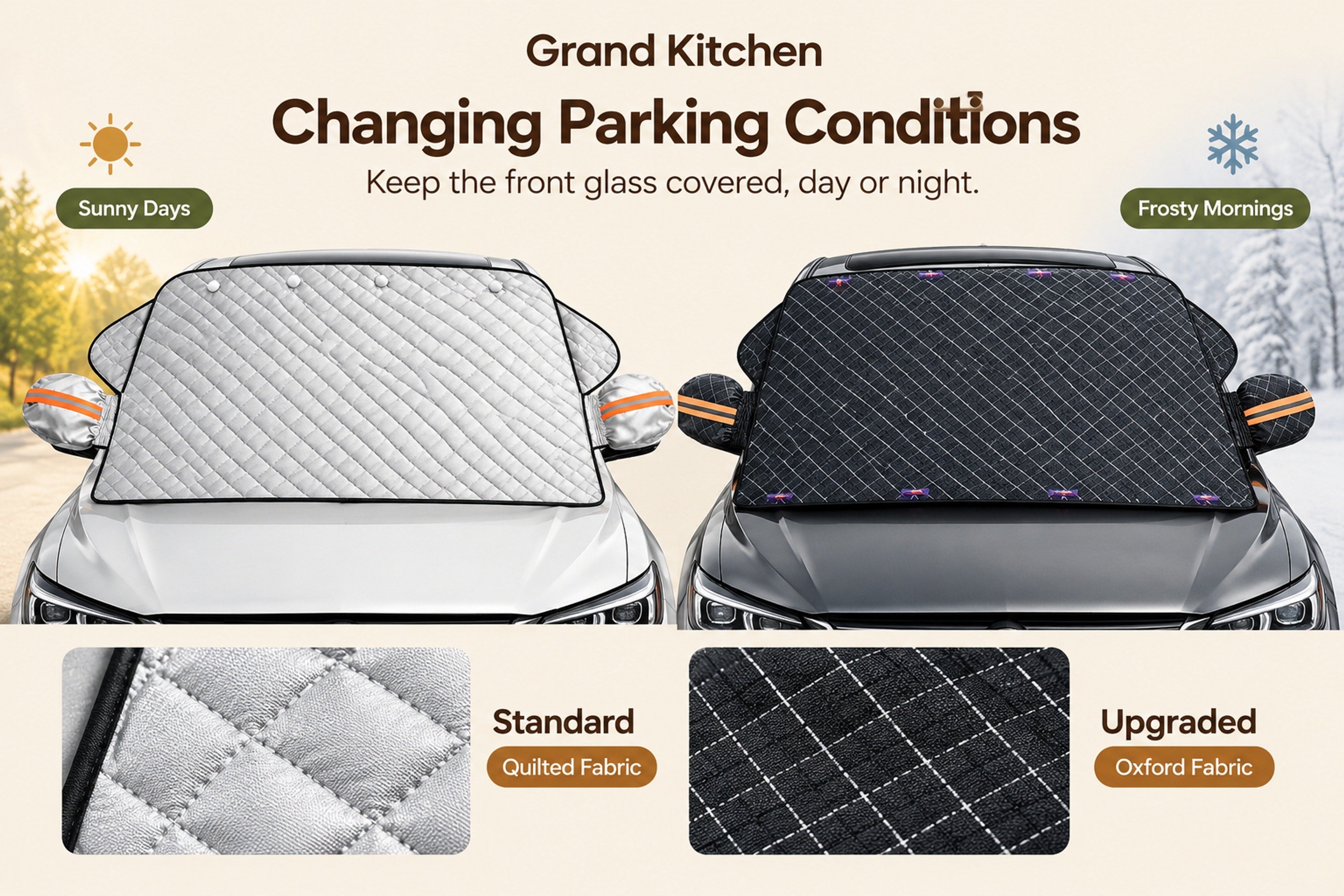 Silver quilted-looking windshield cover fitted over a parked vehicle