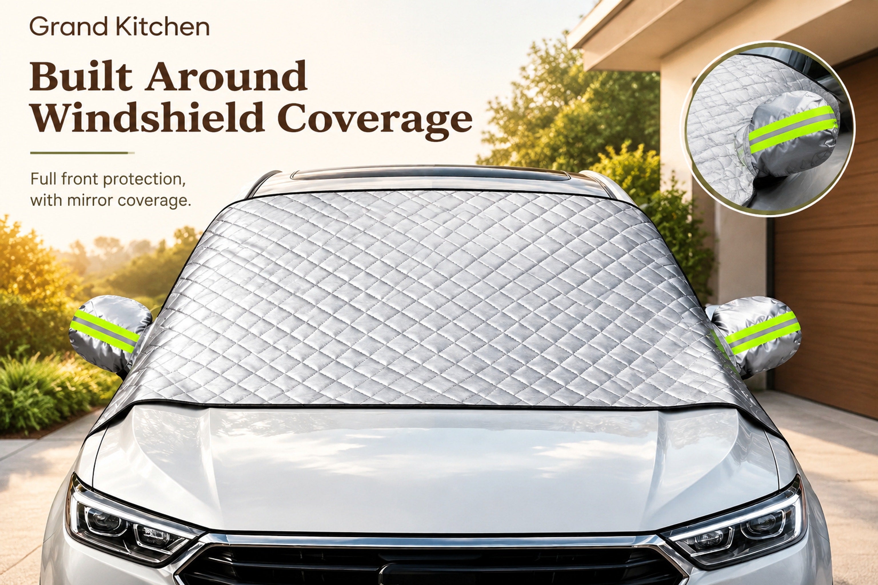 Windshield cover shown on a parked vehicle, illustrating the cover-before-driving removal reminder