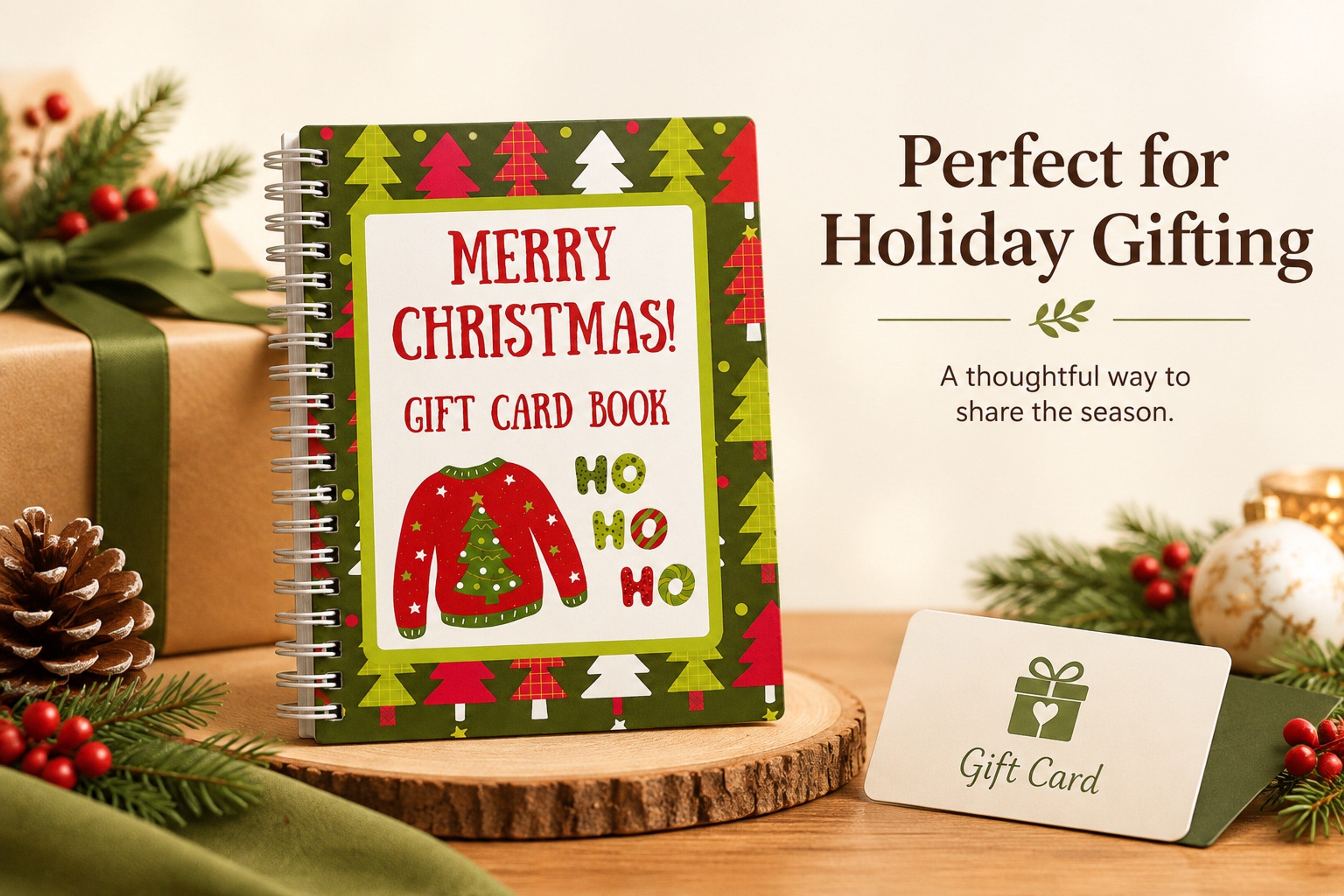 Christmas-themed spiral gift-card book held in both hands for a personal holiday reveal