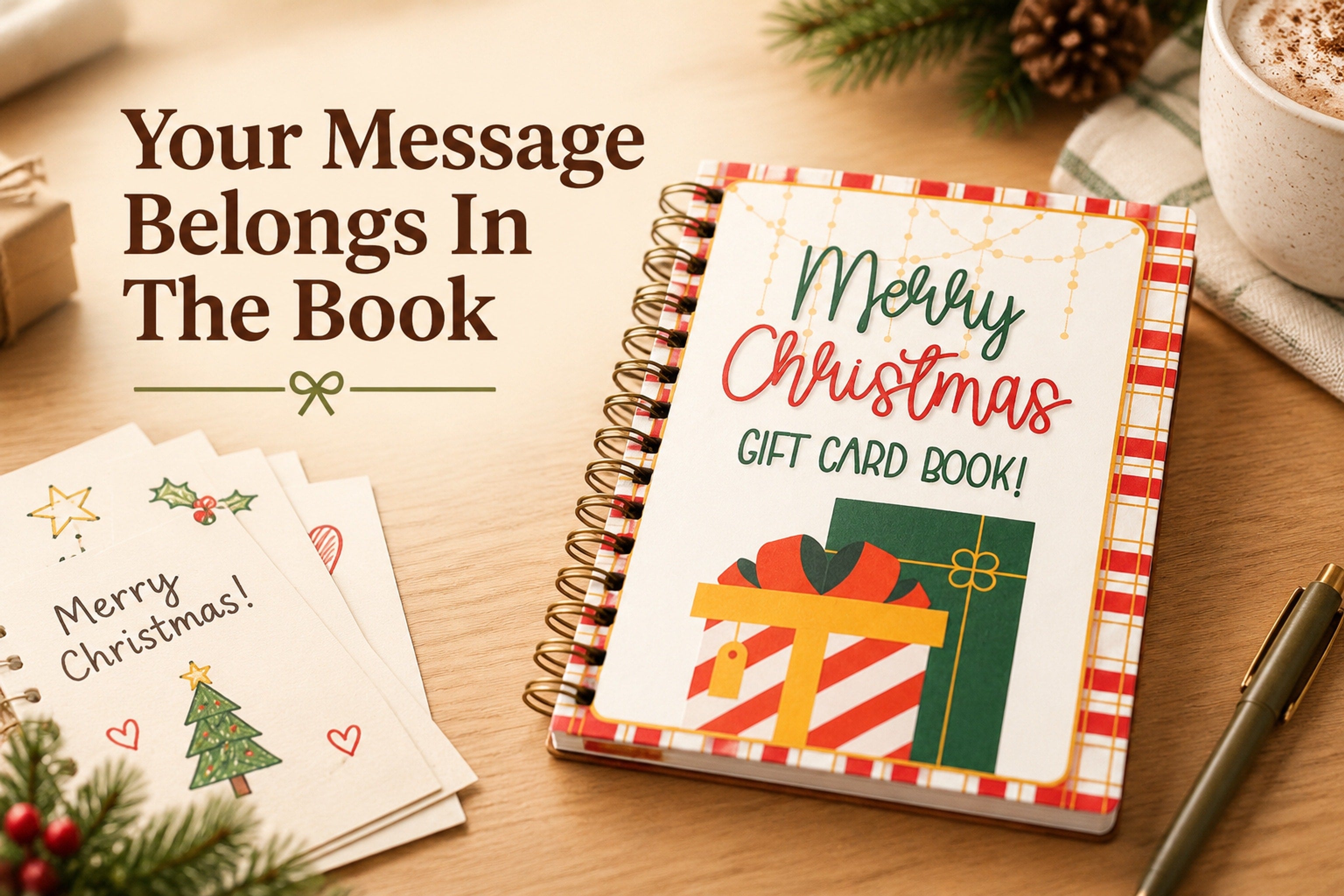 Hand-held Christmas spiral gift-card book showing its compact festive cover design