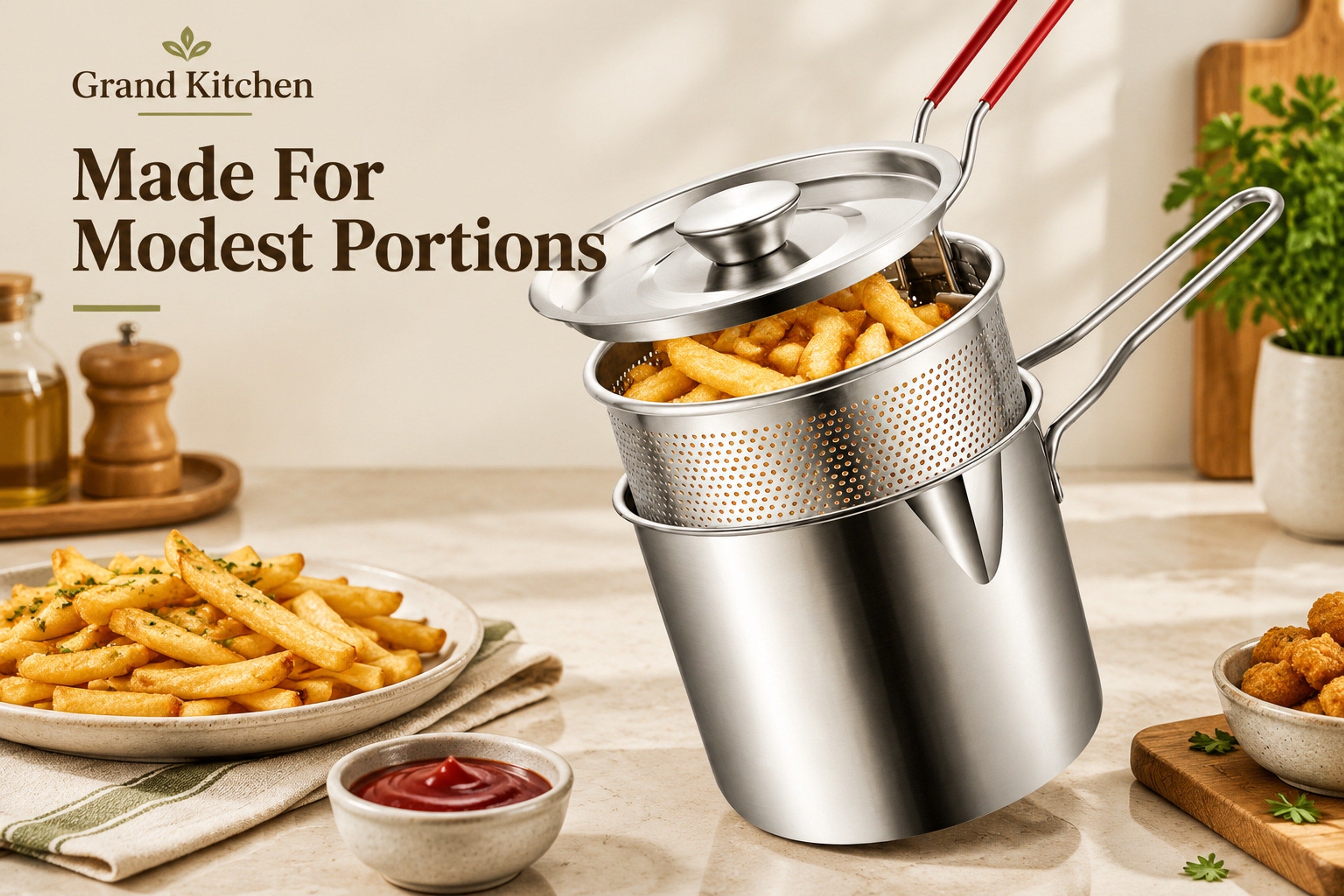 Close view of the compact stainless-steel pot and perforated basket used for a small batch of fries