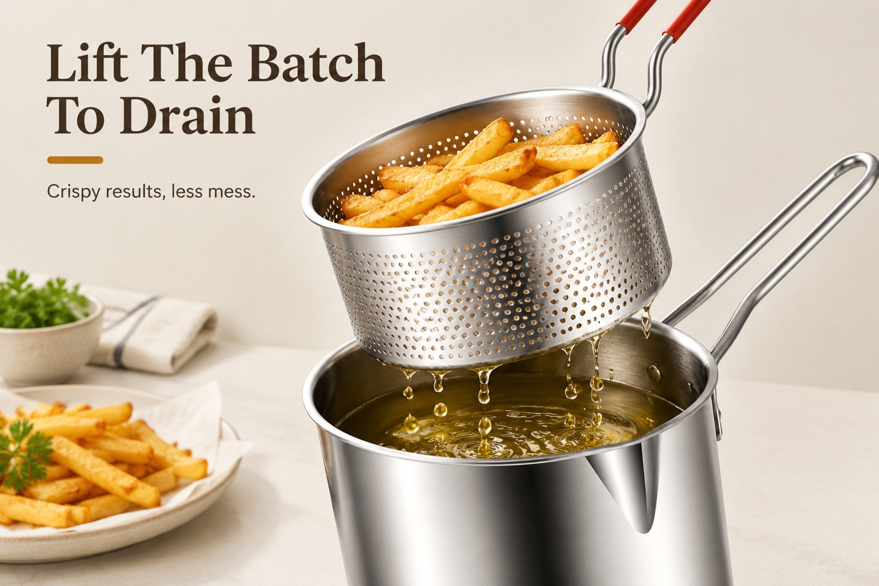 Perforated stainless-steel basket holding fries above a compact pot