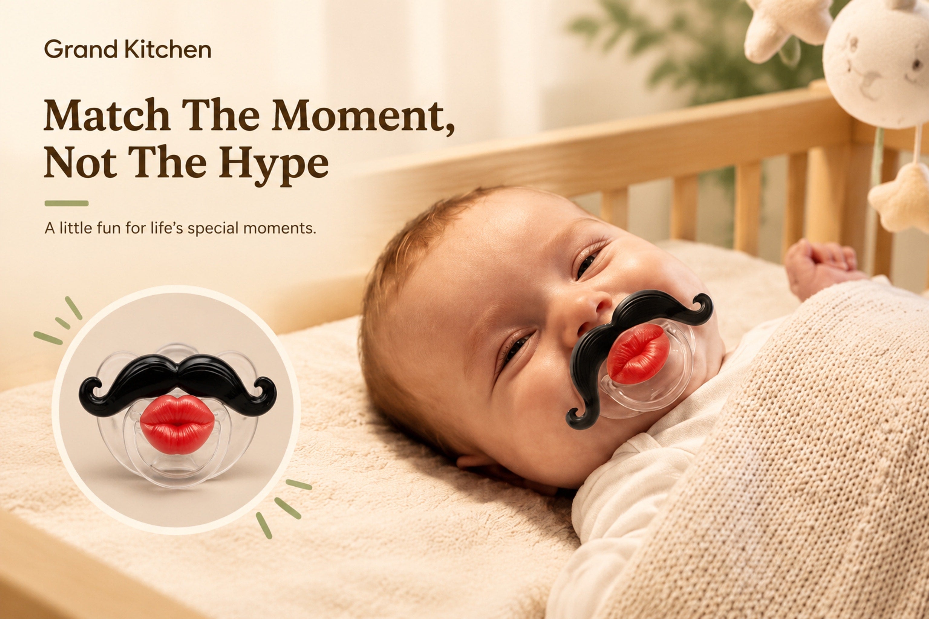 Adult holding the mustache-and-lips pacifier-style novelty design above a crib in a warmly lit nursery