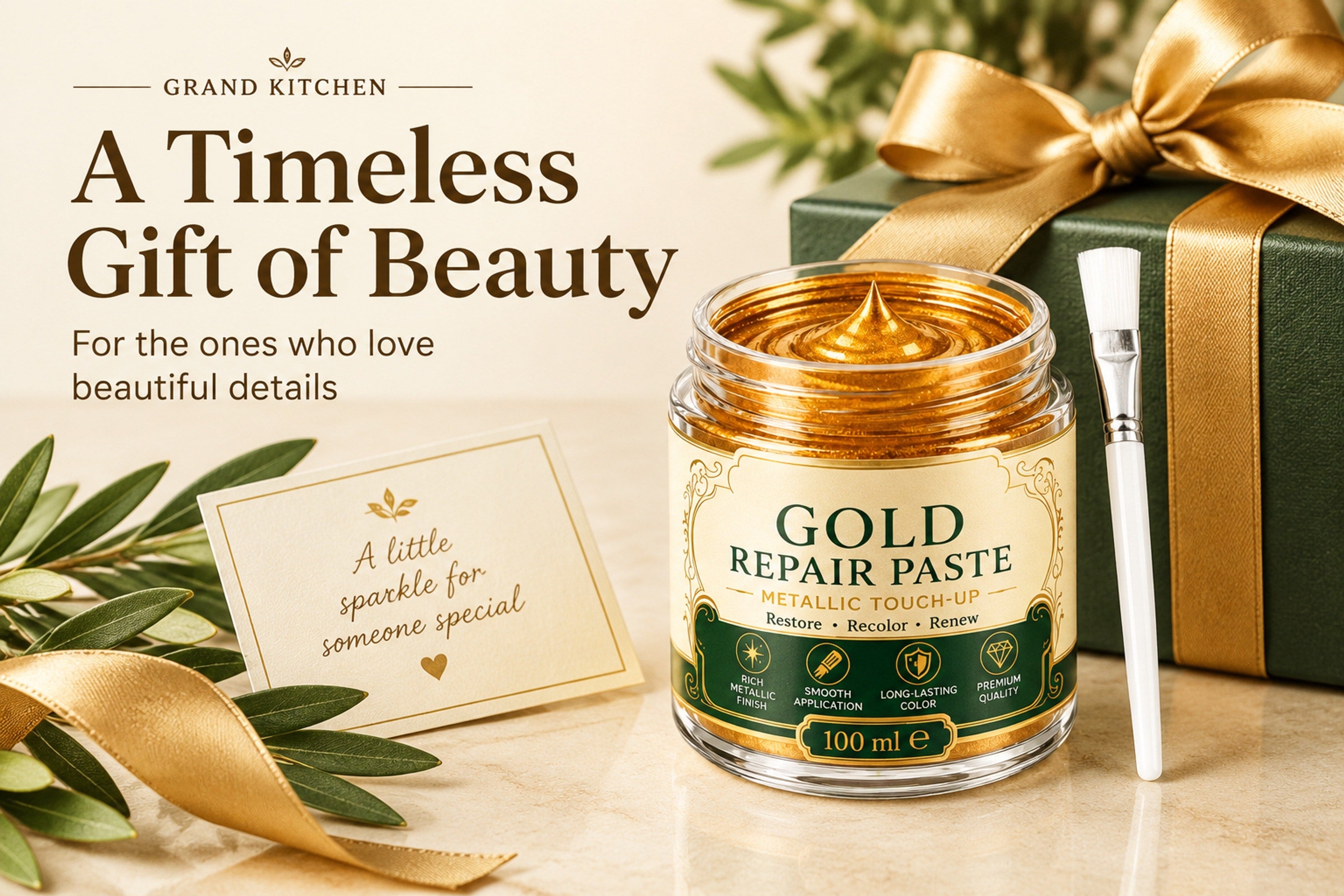 Ornate gold-framed landscape painting in a bright room with gold metallic refinishing paste and brush in the foreground