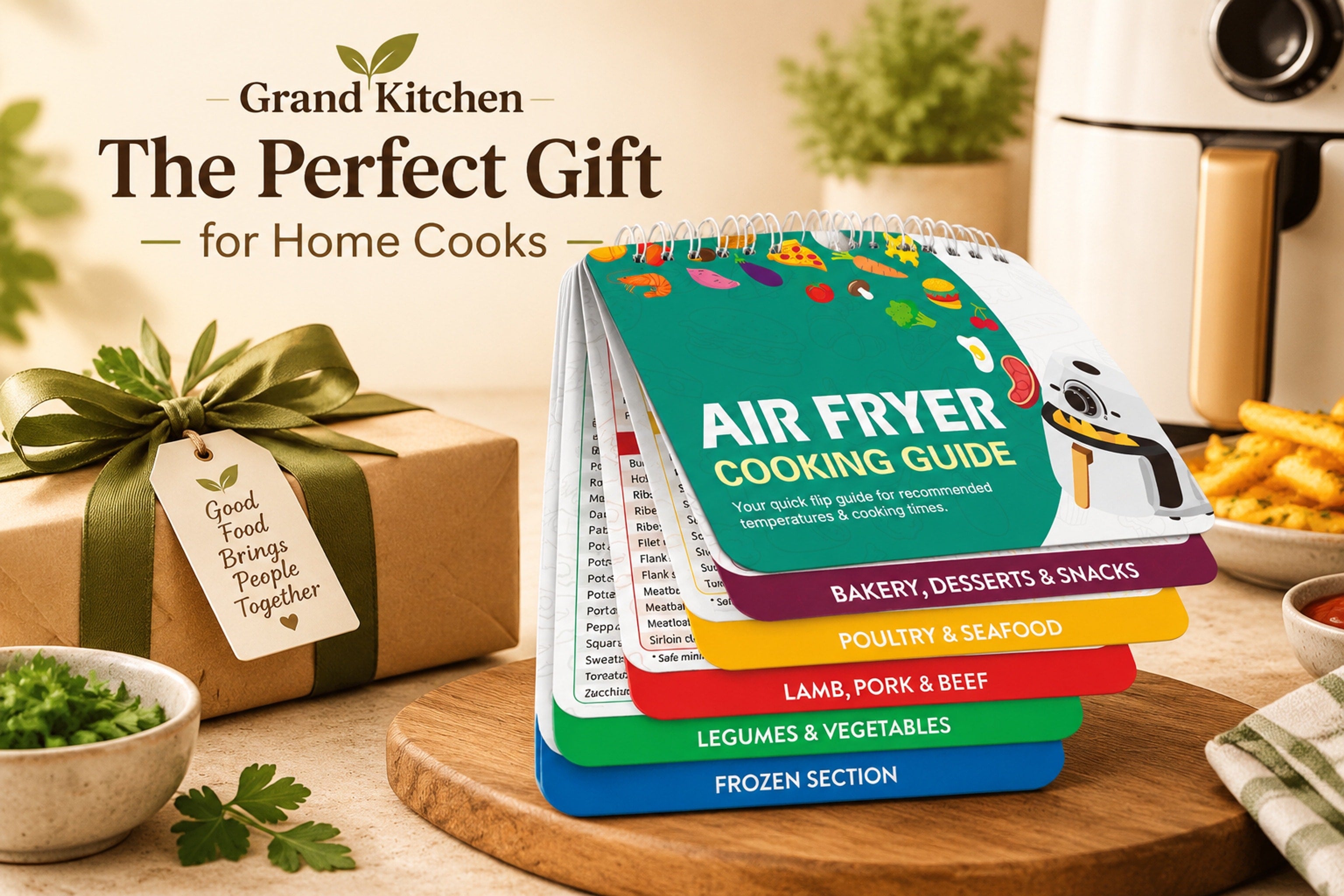 Air Fryer Cooking Guide booklet displayed as a kitchen-side reference with color-coded tabs