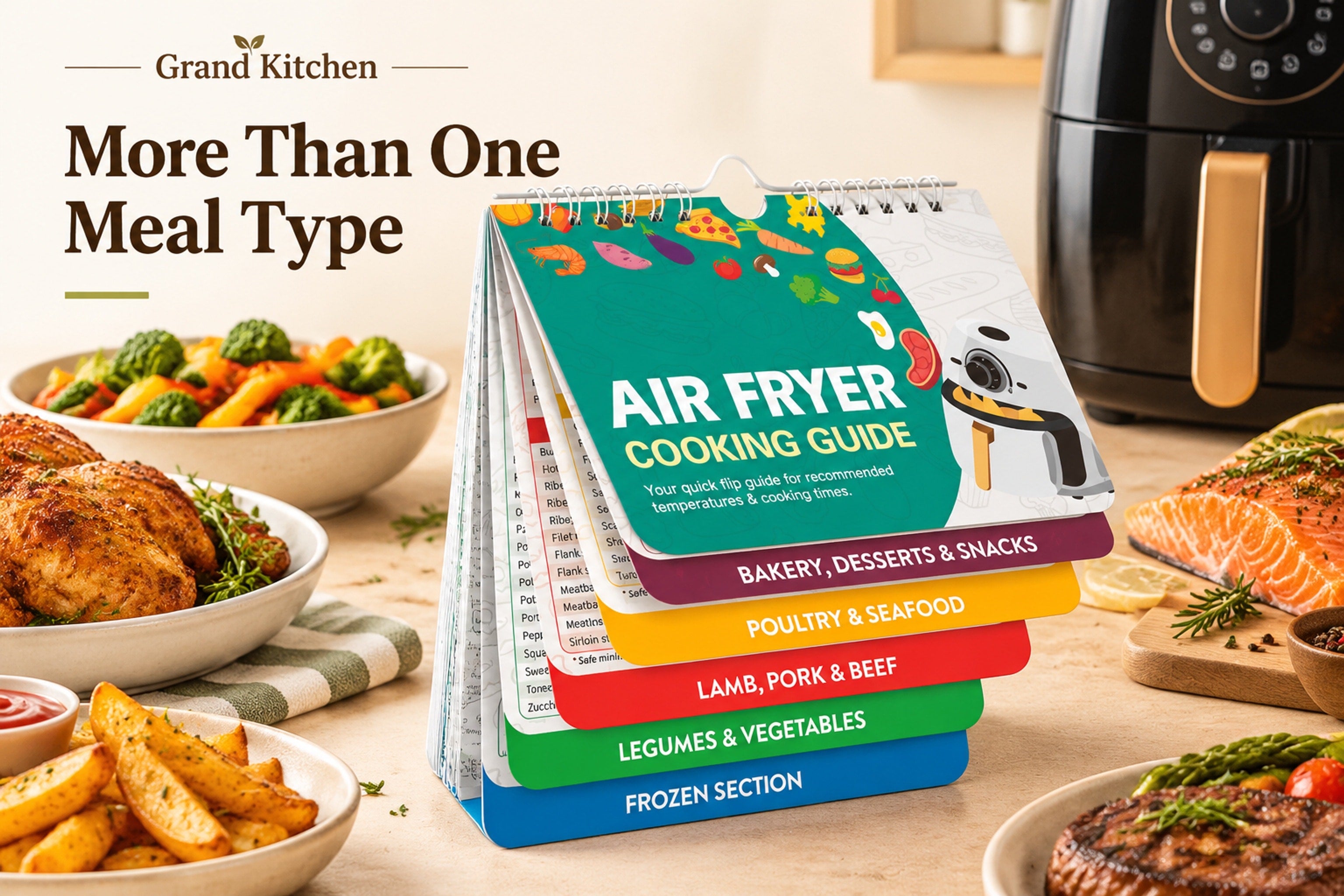 Compact Air Fryer Cooking Guide flip booklet showing its stacked tabbed pages