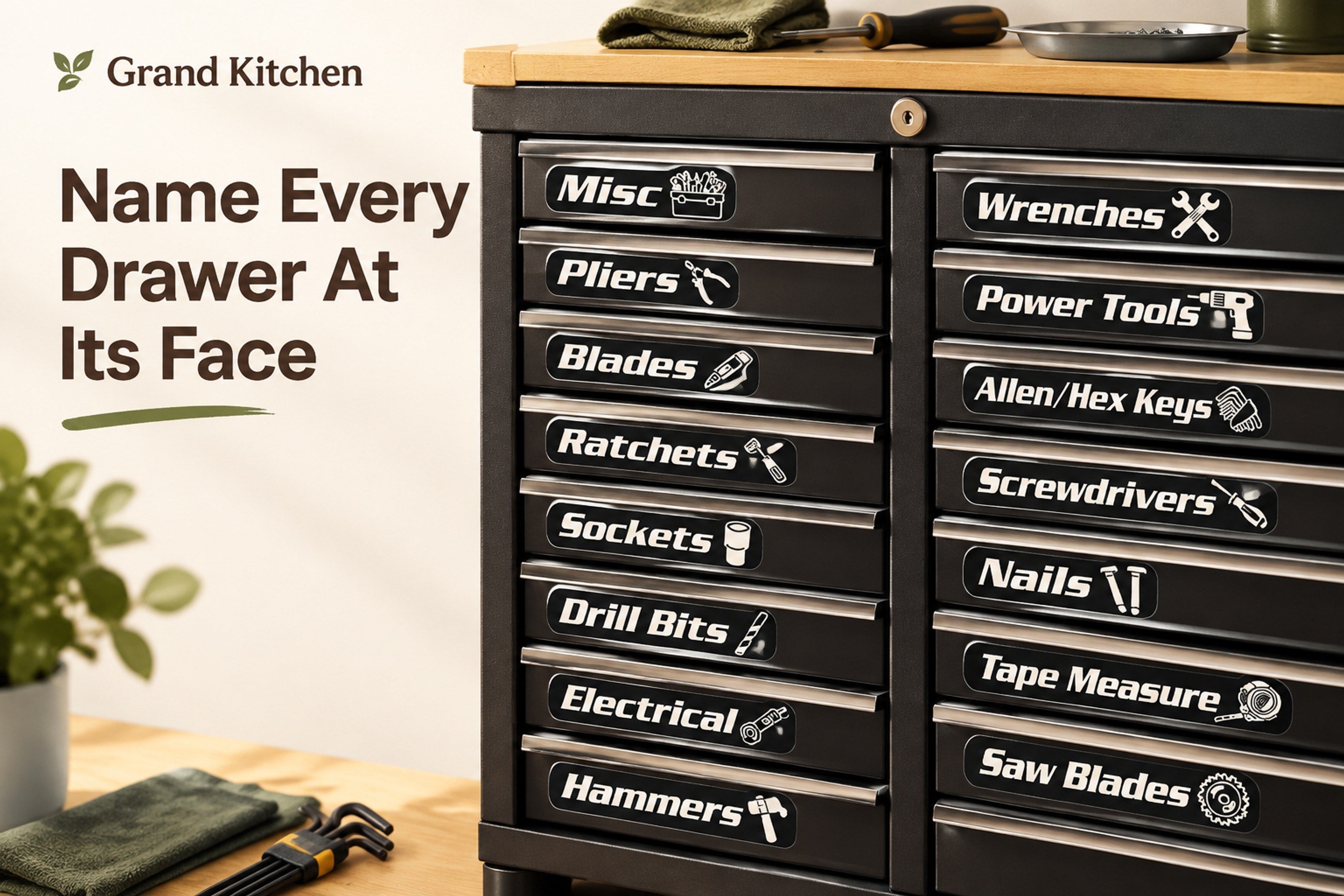 Close-up of black toolbox drawer labels with white category lettering