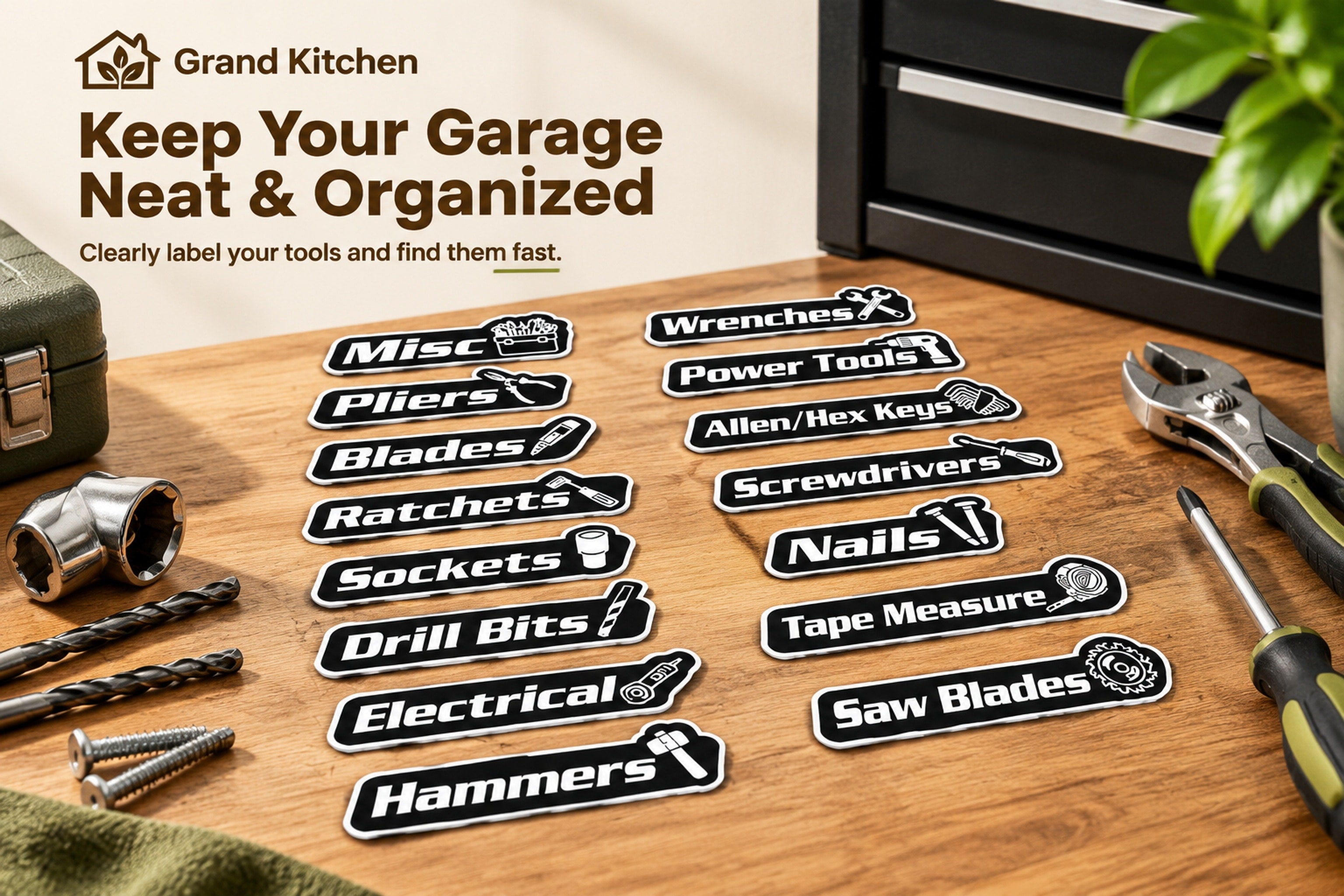 Hand positioning a Wrenches label on the front of a black toolbox drawer