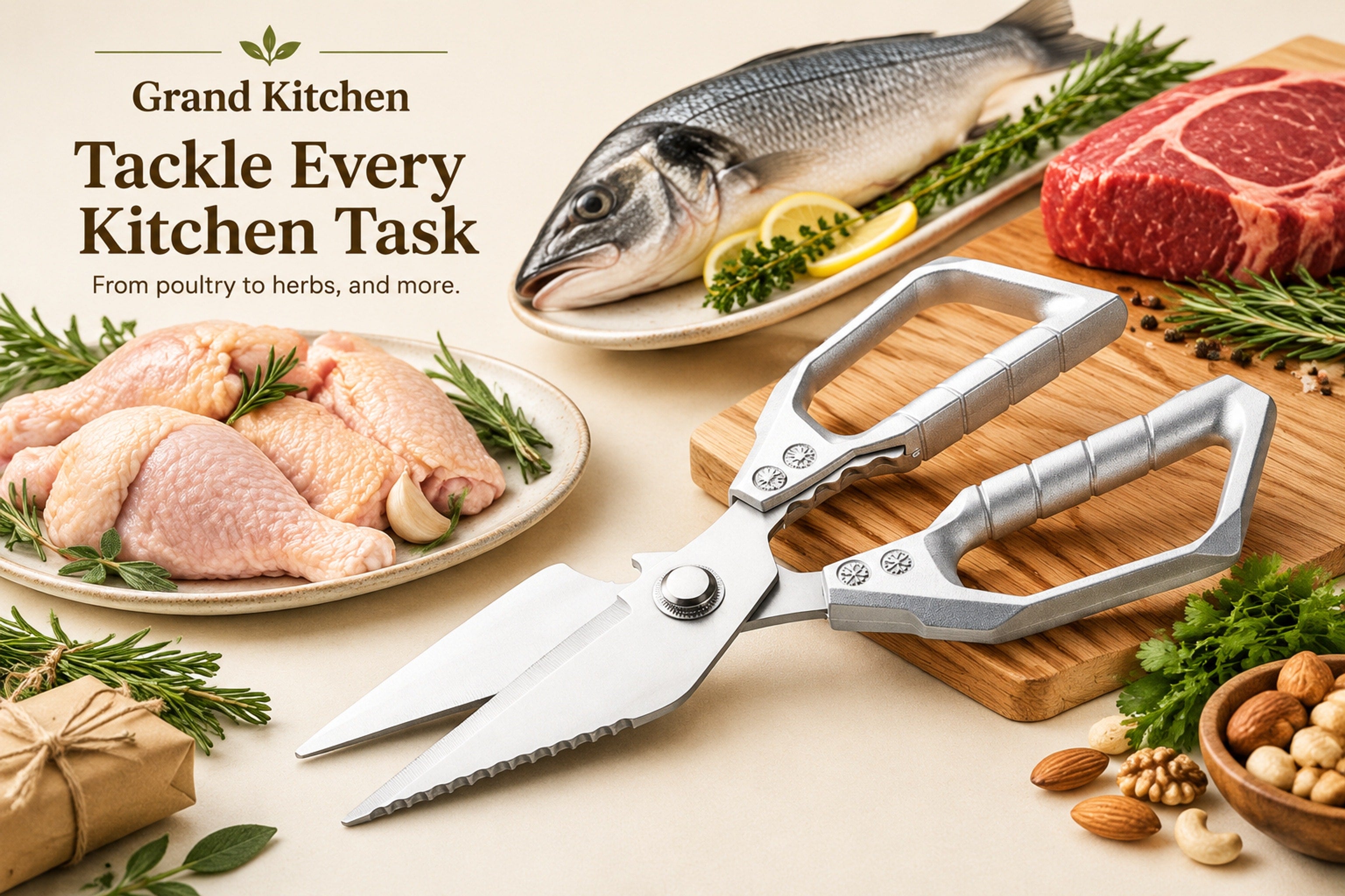 Close view of silver multifunctional kitchen shears beside a raw chicken wing