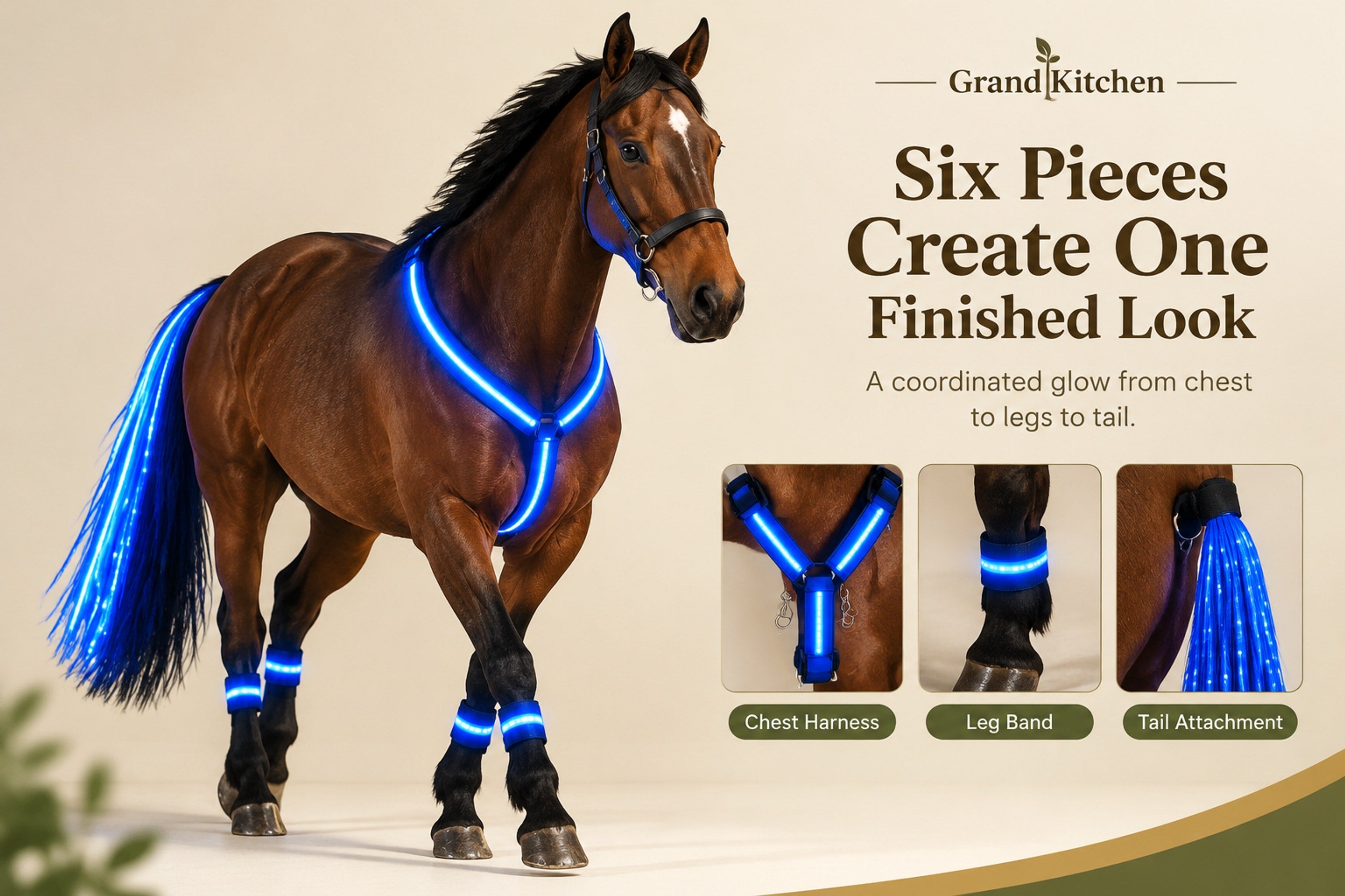 Close-up of a horse wearing an illuminated Y-shaped chest piece and leg bands