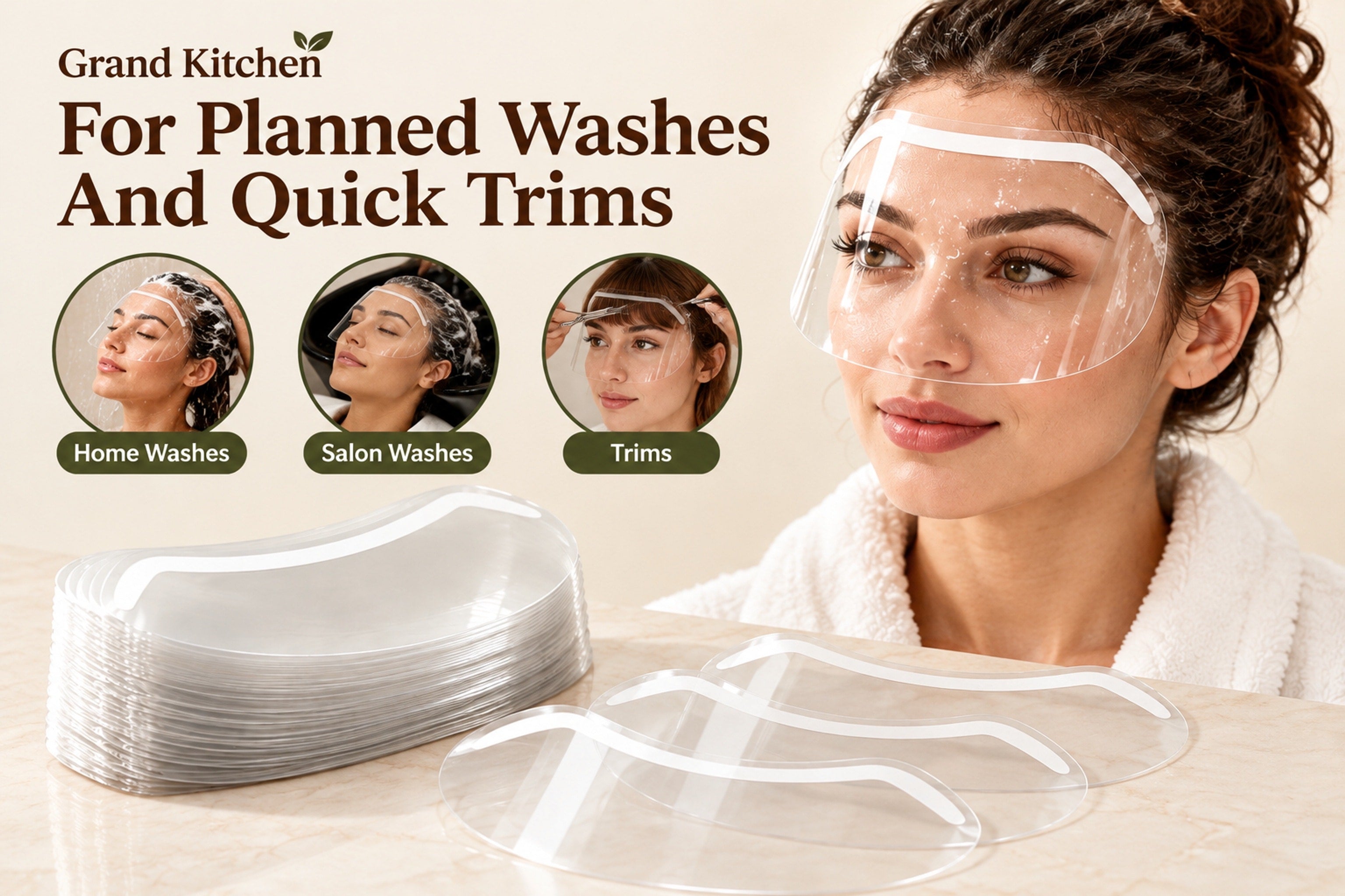 Close view of a transparent visor placed above the eyebrows in front of the upper face