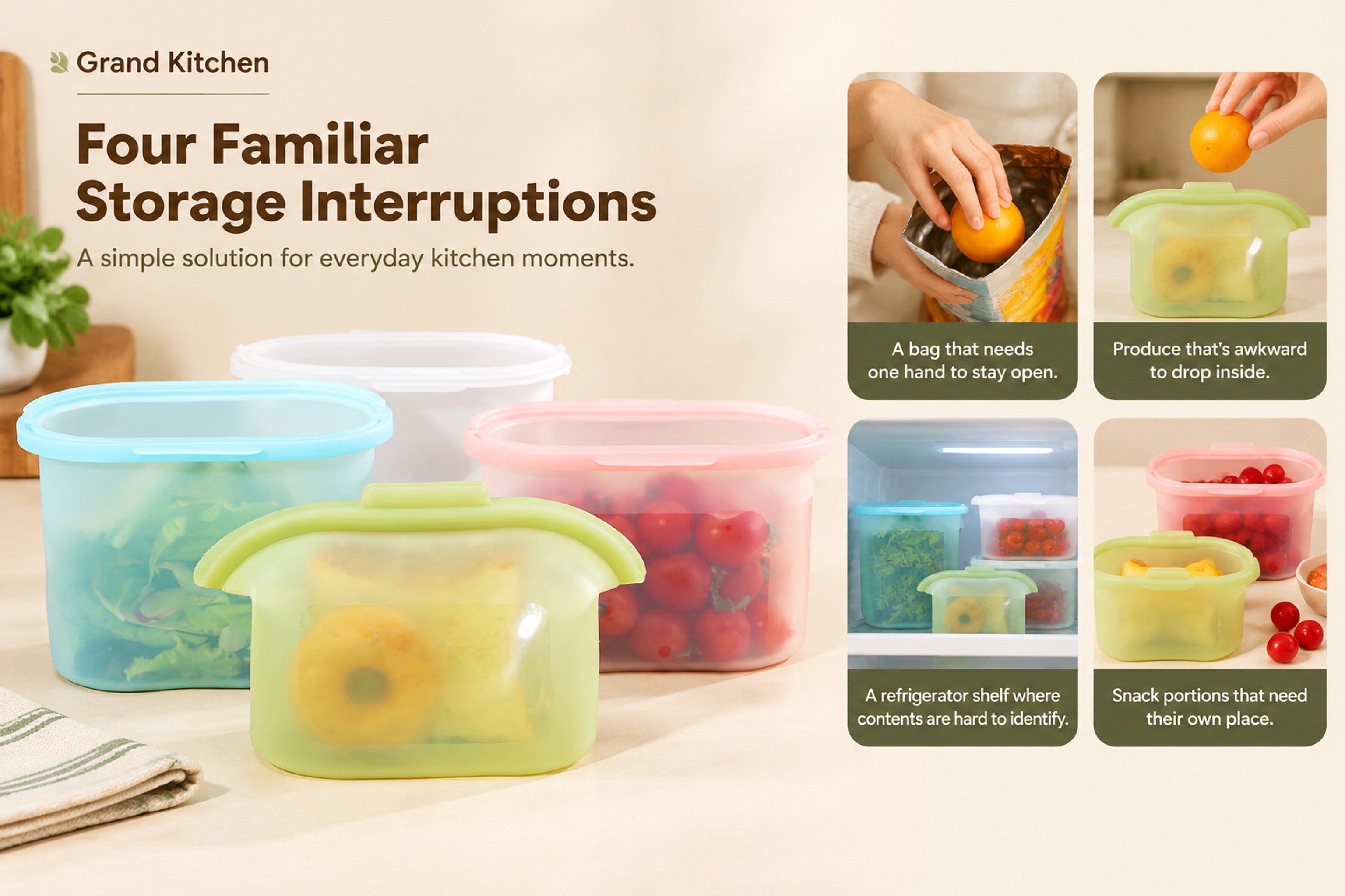Standable translucent food-storage bags holding fresh produce on a kitchen counter
