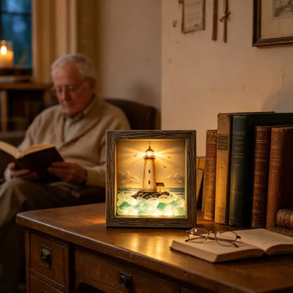 ⭐ Coastal Lighthouse Sea Glass Shadow Box Light | Nautical Wooden Frame LED Night Lamp
