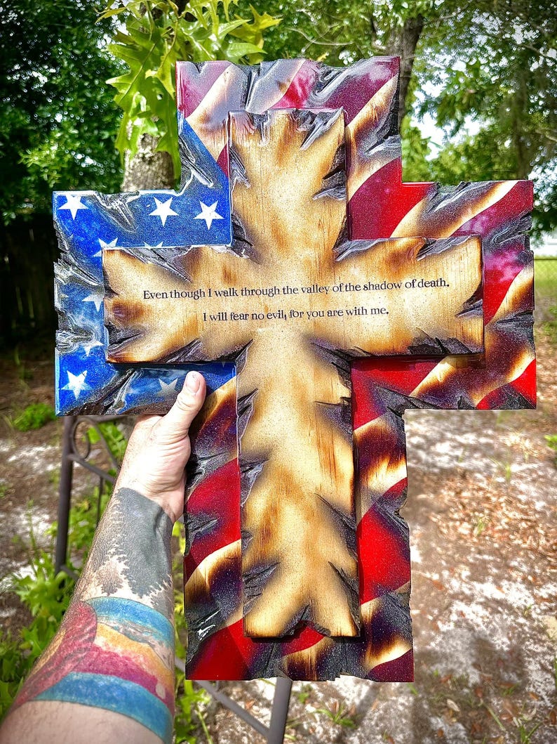 Hand-Carved Solid Hardwood Flag Wall Cross, Timeless Patriotic & Christian Heirloom Decor
