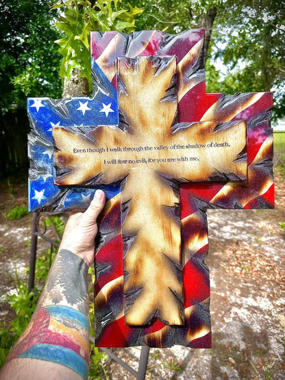 Hand-Carved Solid Hardwood Flag Wall Cross, Timeless Patriotic & Christian Heirloom Decor