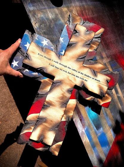 Hand-Carved Solid Hardwood Flag Wall Cross, Timeless Patriotic & Christian Heirloom Decor