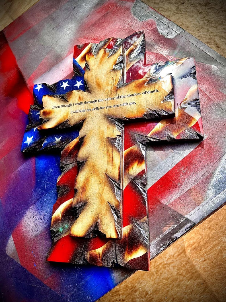 Patriot’s Heirloom Wooden Flag Cross, Handcrafted Faith & Country Wall Decor With Custom Engraving