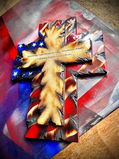 Patriot’s Heirloom Wooden Flag Cross, Handcrafted Faith & Country Wall Decor With Custom Engraving