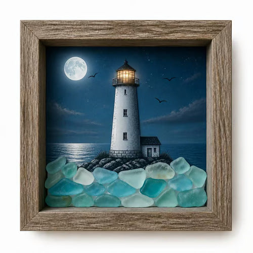 ⭐ Coastal Lighthouse Sea Glass Shadow Box Light | Nautical Wooden Frame LED Night Lamp