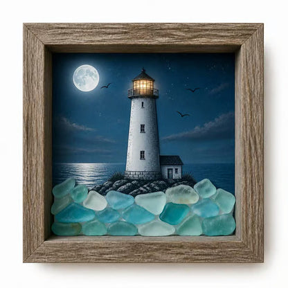 ⭐ Coastal Lighthouse Sea Glass Shadow Box Light | Nautical Wooden Frame LED Night Lamp
