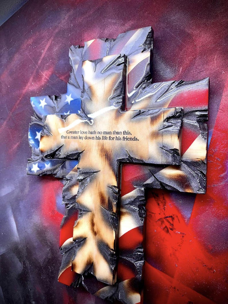 Hand-Carved Solid Hardwood Flag Wall Cross, Timeless Patriotic & Christian Heirloom Decor
