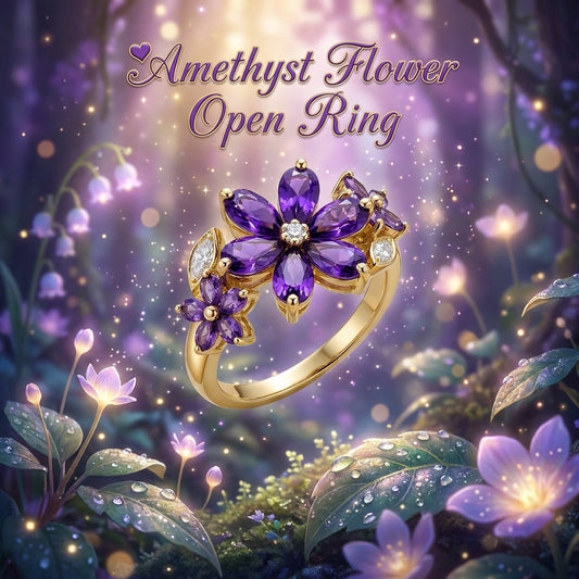 🔥Last Day 50% OFF💜Vintage Amethyst Flower Open Ring | Adjustable Size • Dainty Floral Design For Women