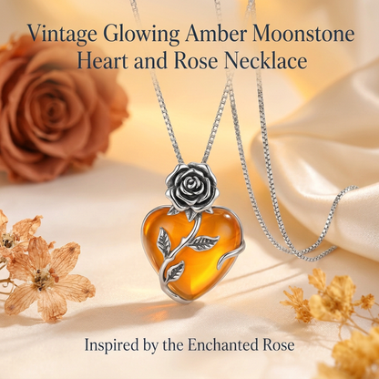 🔥Last Day 50% OFF🌹Enchanted Rose Blue Moonstone Heart Necklace | Vintage Silver Craft・Glowing Heart Gem・Romantic Jewelry Gift