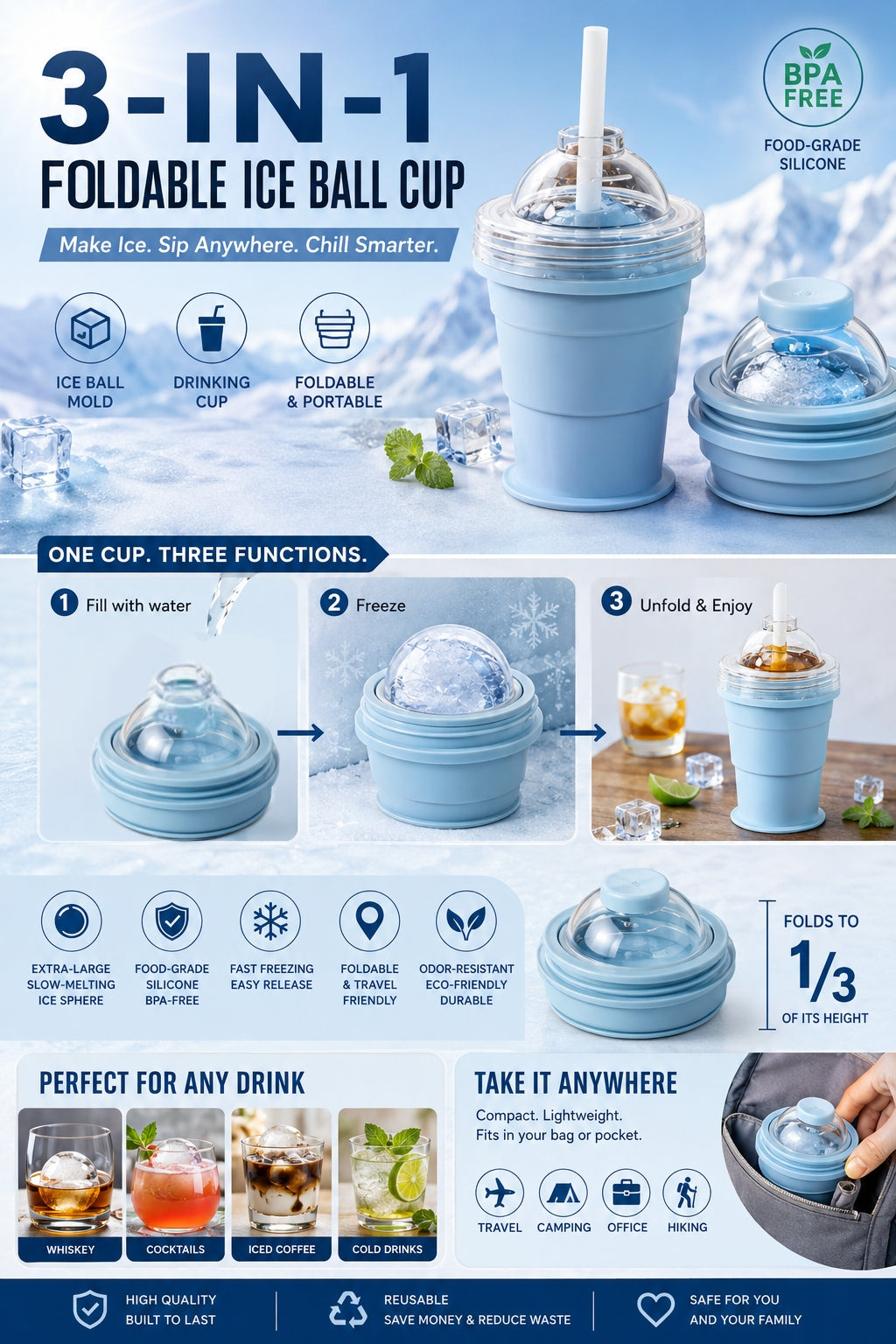 🧊✨ 3-in-1 Foldable Ice Ball Cup