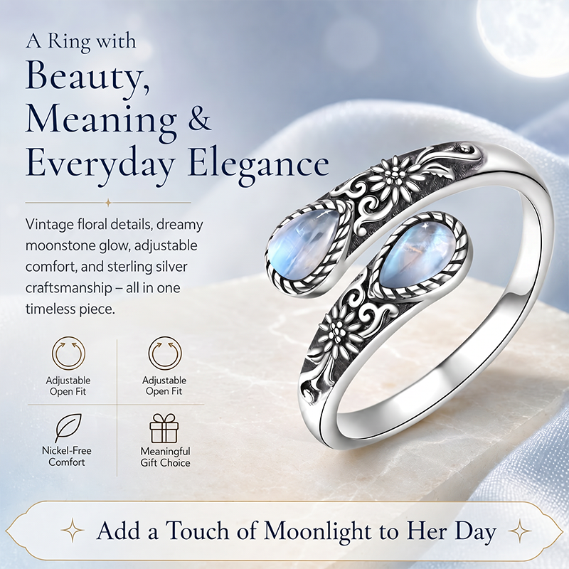🔥Last Day 50% OFF🌙Moonstone Bloom Ring | Vintage Style • Adjustable Fit • Timeless Elegance