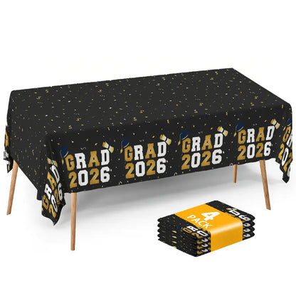 Graduation Tablecloths (4-Pack) - 54x108" Class of 2026 Commencement Party Disposable Plastic Table Covers for 8-Ft Tables