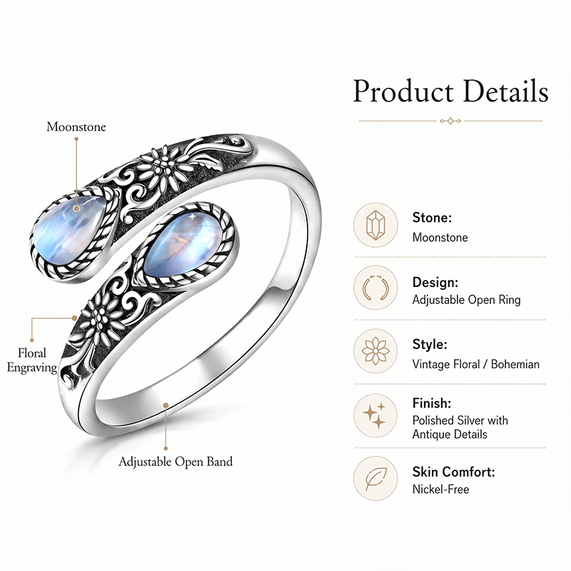 🔥Last Day 50% OFF🌙Moonstone Bloom Ring | Vintage Style • Adjustable Fit • Timeless Elegance