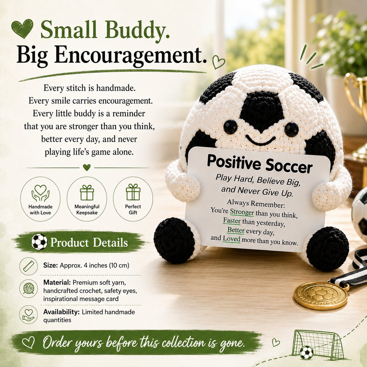 ⚽ Positive Soccer Buddy|Handmade Crochet Encouragement Gift 💚