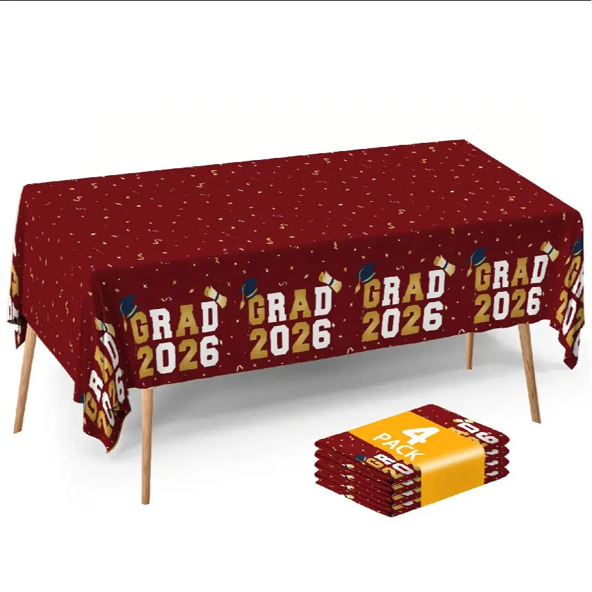 Graduation Tablecloths (4-Pack) - 54x108" Class of 2026 Commencement Party Disposable Plastic Table Covers for 8-Ft Tables