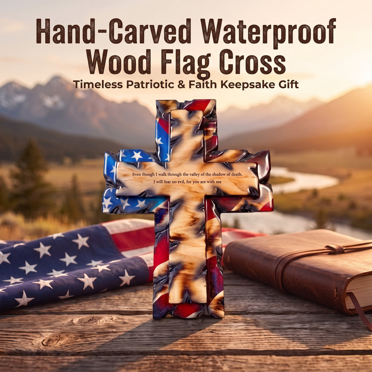 Hand-Carved Solid Hardwood Flag Wall Cross, Timeless Patriotic & Christian Heirloom Decor