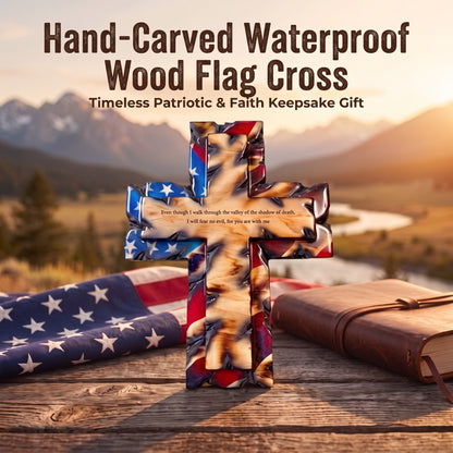 Hand-Carved Solid Hardwood Flag Wall Cross, Timeless Patriotic & Christian Heirloom Decor