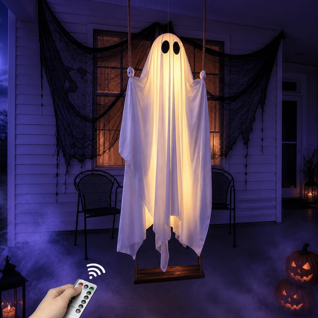 🔥Halloween Limited-Time Discount👻5FT Hanging Swing Ghost Decor | Remote String Lights・Waterproof Fabric・Outdoor Halloween Prop