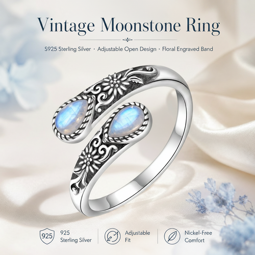 🔥Last Day 50% OFF🌙Moonstone Bloom Ring | Vintage Style • Adjustable Fit • Timeless Elegance