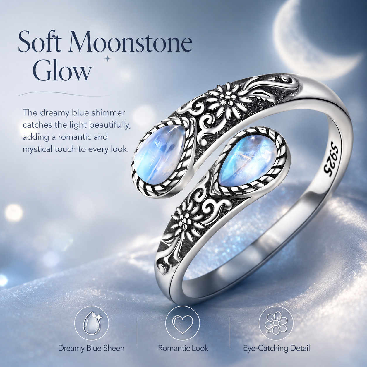🔥Last Day 50% OFF🌙Moonstone Bloom Ring | Vintage Style • Adjustable Fit • Timeless Elegance