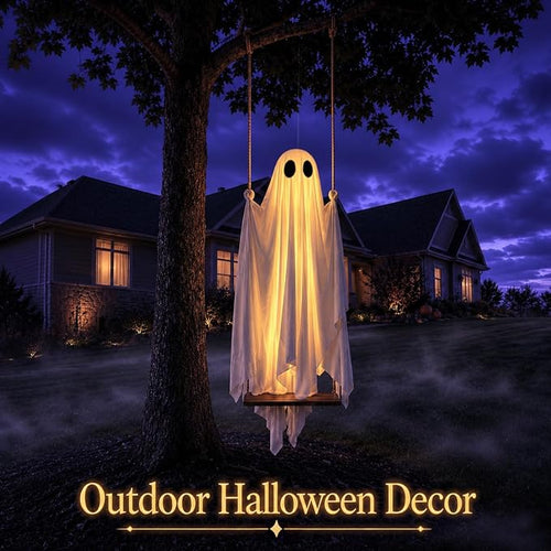 🔥Halloween Limited-Time Discount👻5FT Hanging Swing Ghost Decor | Remote String Lights・Waterproof Fabric・Outdoor Halloween Prop