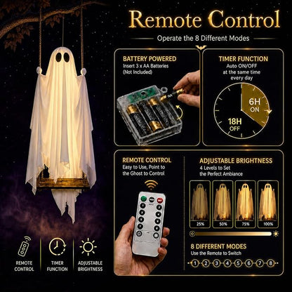 🔥Halloween Limited-Time Discount👻5FT Hanging Swing Ghost Decor | Remote String Lights・Waterproof Fabric・Outdoor Halloween Prop