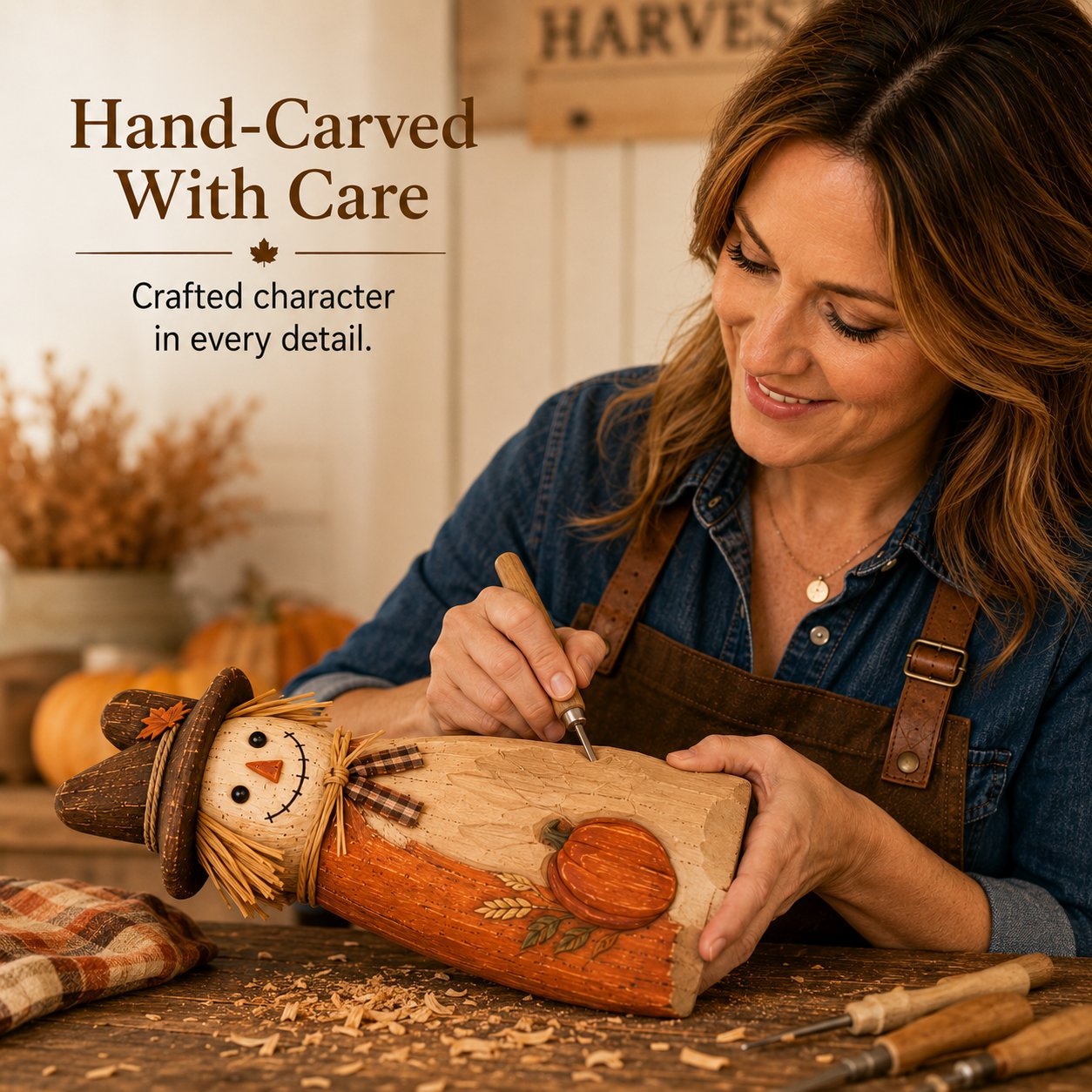 Hand-Carved Vintage Scarecrow Fall Decor Set
