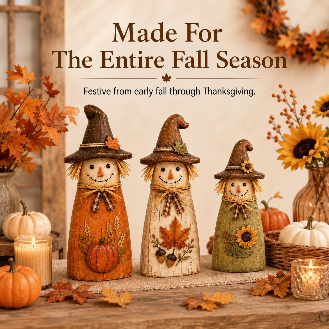 Hand-Carved Vintage Scarecrow Fall Decor Set