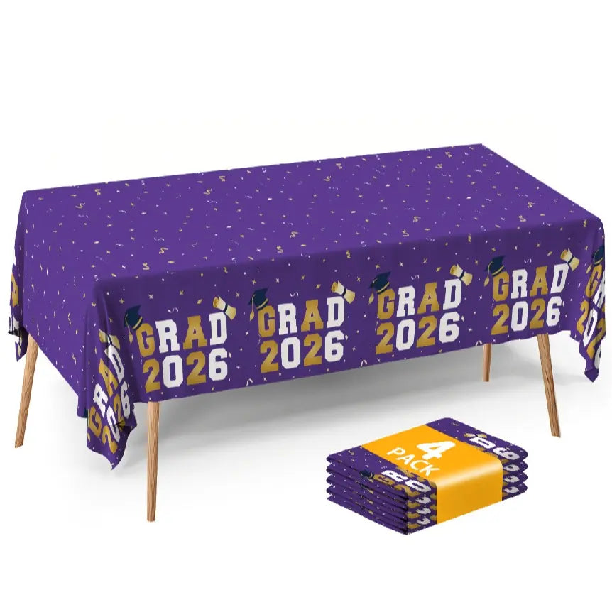 Graduation Tablecloths (4-Pack) - 54x108" Class of 2026 Commencement Party Disposable Plastic Table Covers for 8-Ft Tables