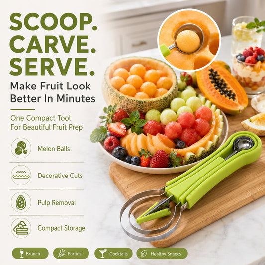 4 in 1 Fruit Carving Tool, Melon Baller Scoop, Fruit Cutter Knife, Watermelon Slicer, Fruit Platter Garnish Kitchen Gadget