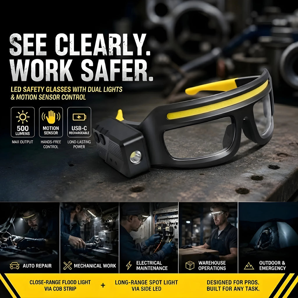 🔥Last Day 50% OFF🔦Motion Sensor LED Work Glasses | Flood+Spot Dual Lights・Hands-Free Control・Industrial Safety Gear