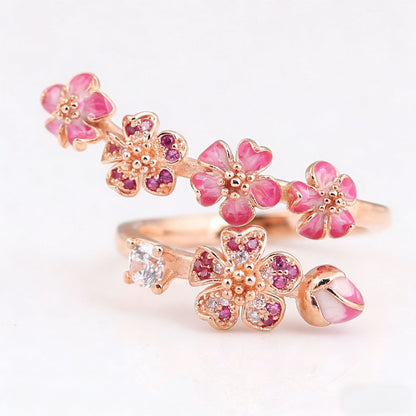 🔥Last Day 50% OFF🌸Enamel Cherry Blossom Wrap Ring | Rose Gold Plated・Adjustable Open Band・Floral Dainty Jewelry